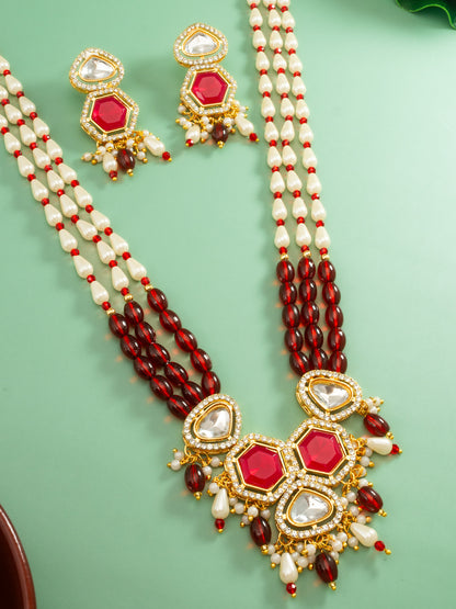 Aadita Gold Plated Long Pearl & Red Stone Necklace Set