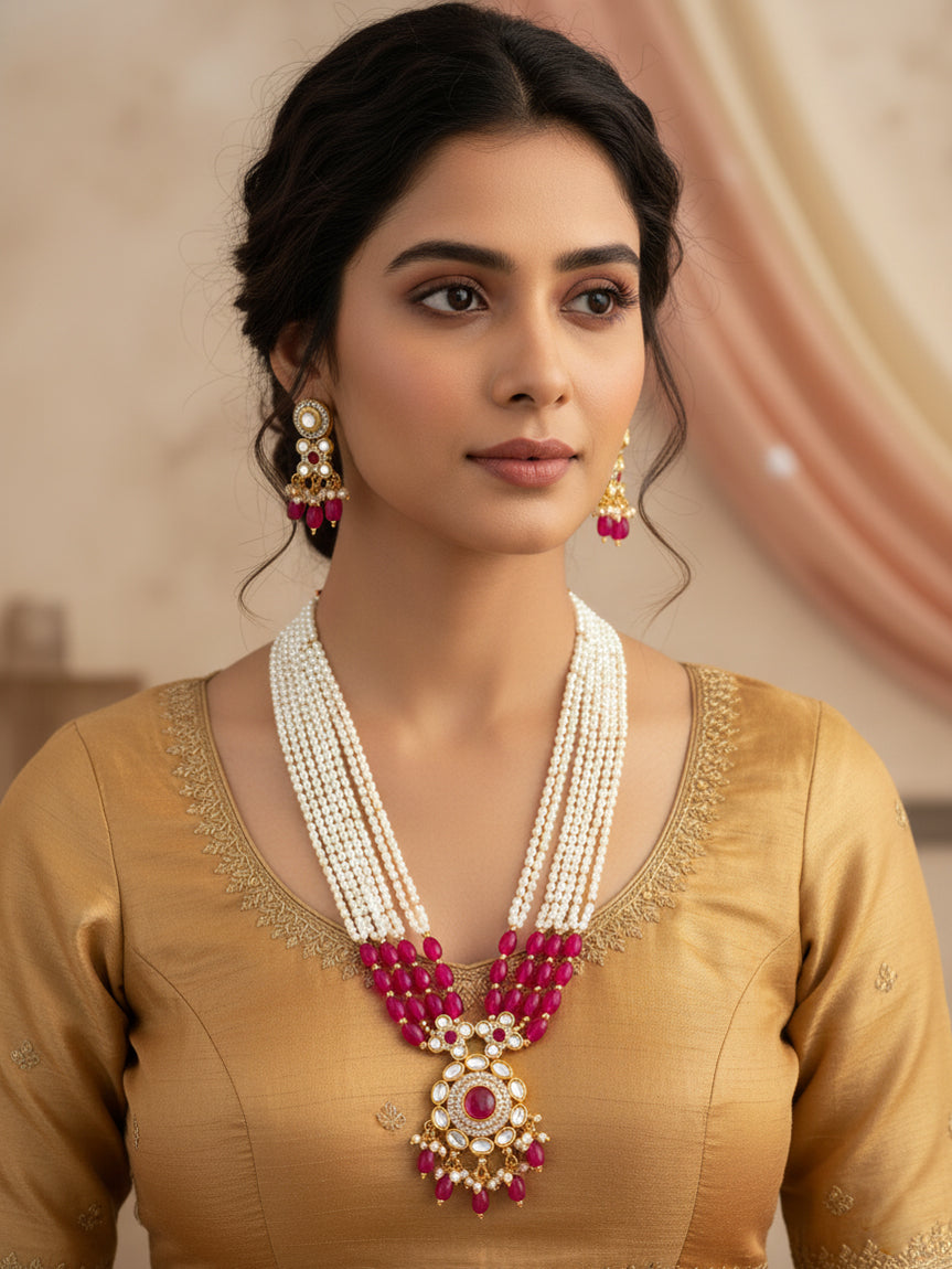 Aadita Gold Plated Multi-Strand Pearl & Pink Bead Necklace Set