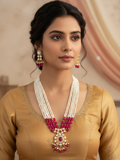 Aadita Gold Plated Multi-Strand Pearl & Pink Bead Necklace Set