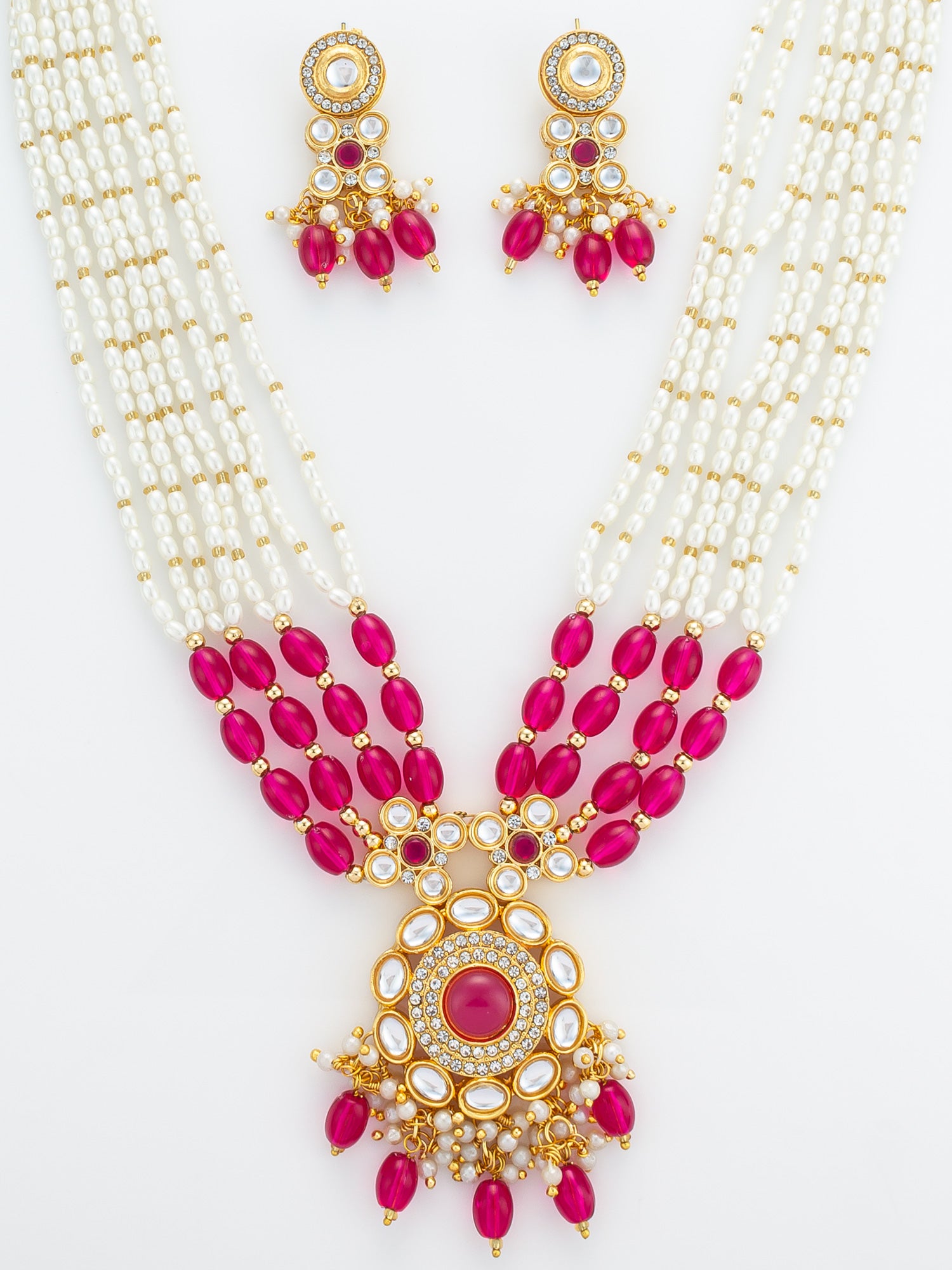 Aadita Gold Plated Multi-Strand Pearl & Pink Bead Necklace Set