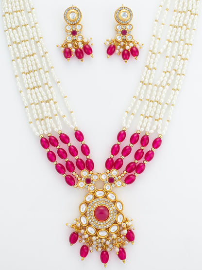 Aadita Gold Plated Multi-Strand Pearl & Pink Bead Necklace Set
