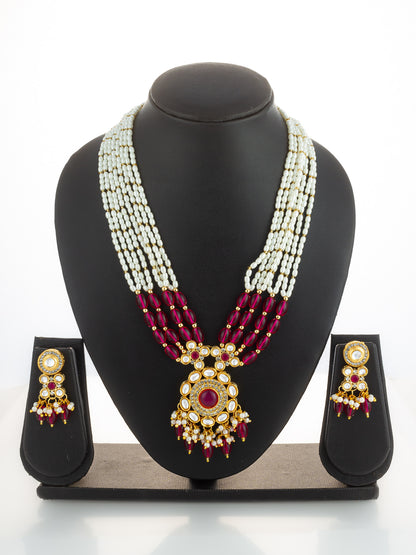 Aadita Gold Plated Multi-Strand Pearl & Pink Bead Necklace Set