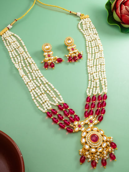 Aadita Gold Plated Multi-Strand Pearl & Pink Bead Necklace Set