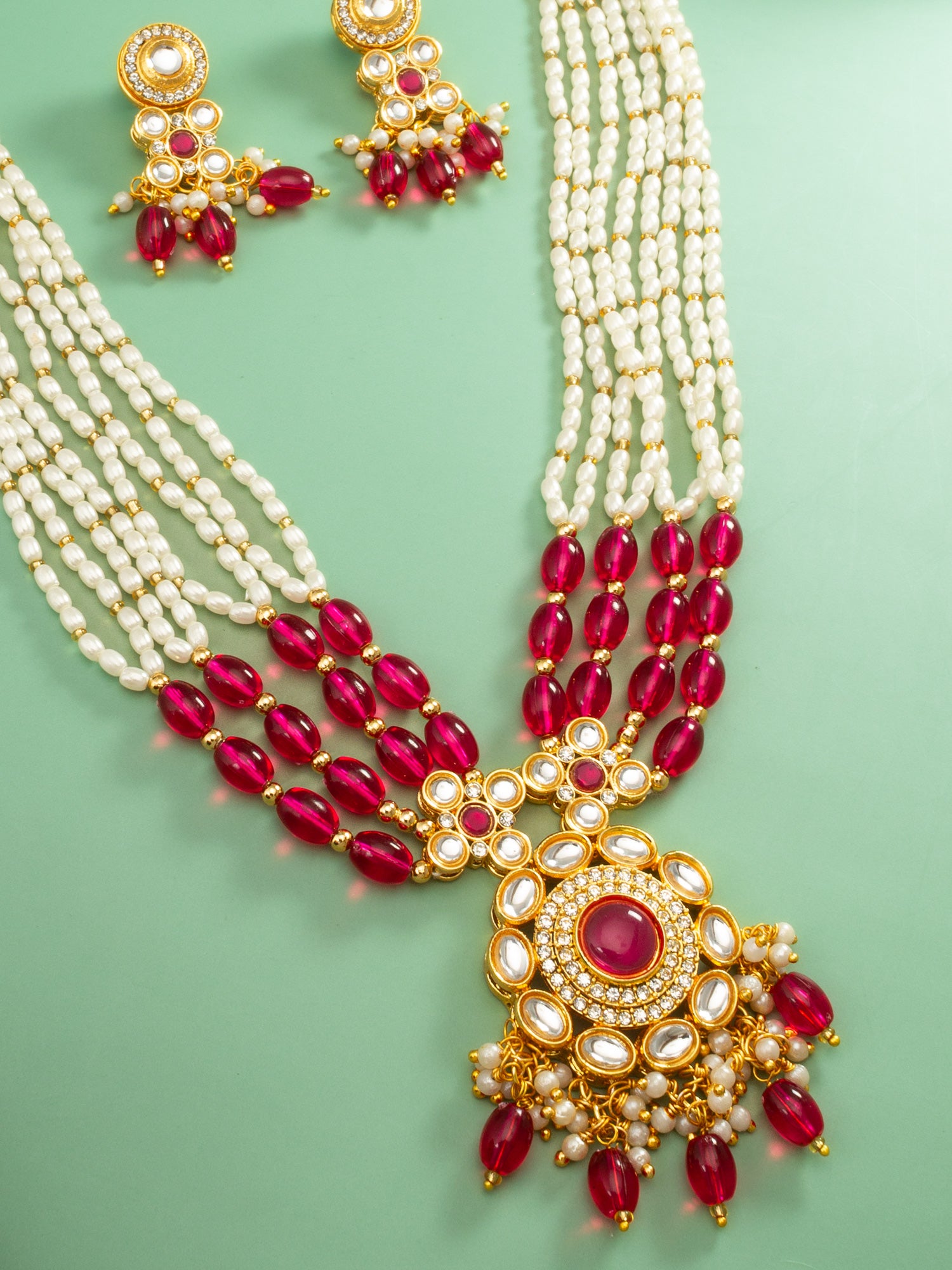 Aadita Gold Plated Multi-Strand Pearl & Pink Bead Necklace Set