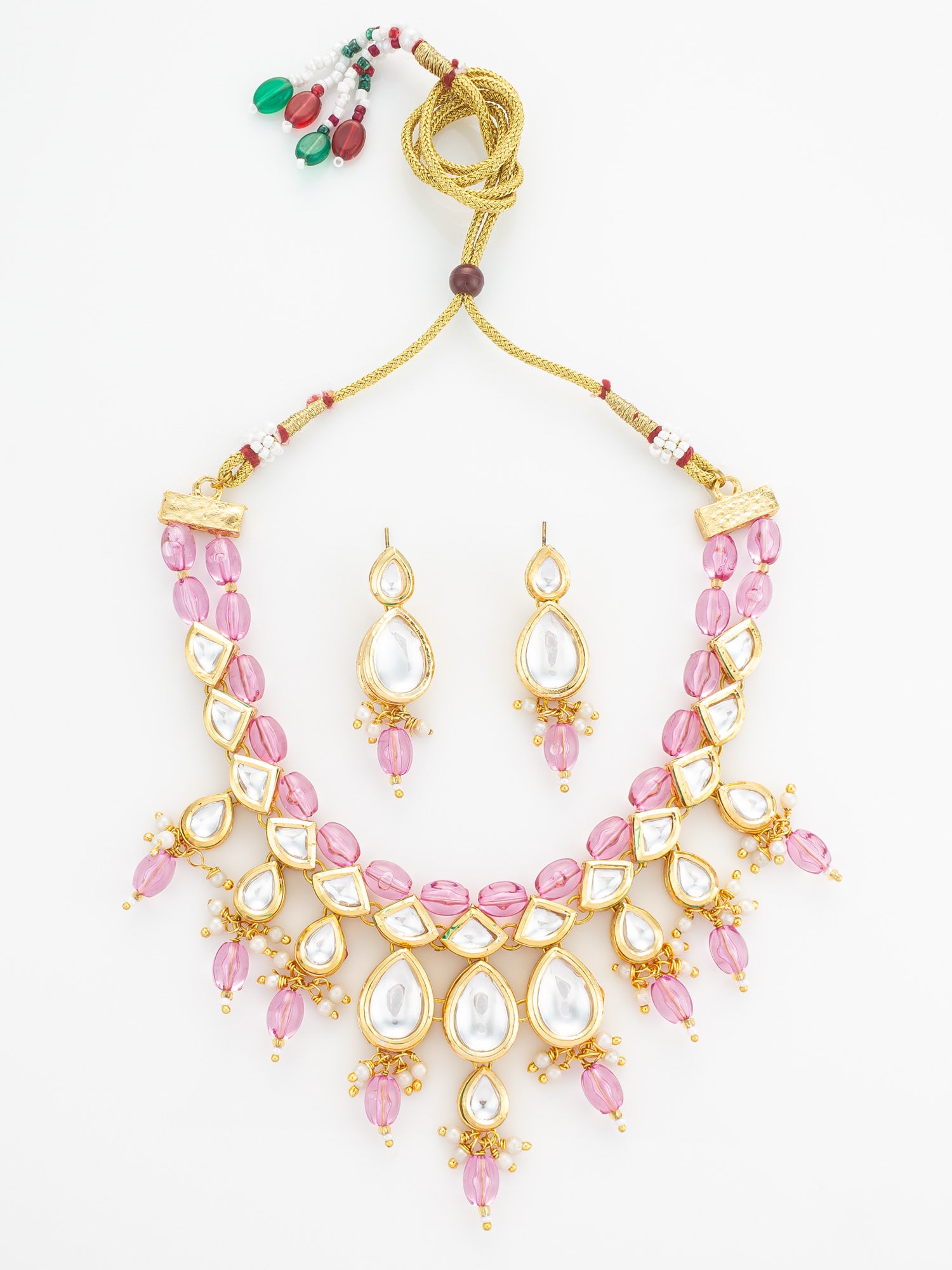 Aadita Gold Plated Kundan & Pink Crystal Drop Necklace Set