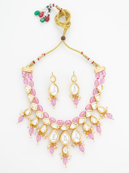 Aadita Gold Plated Kundan & Pink Crystal Drop Necklace Set
