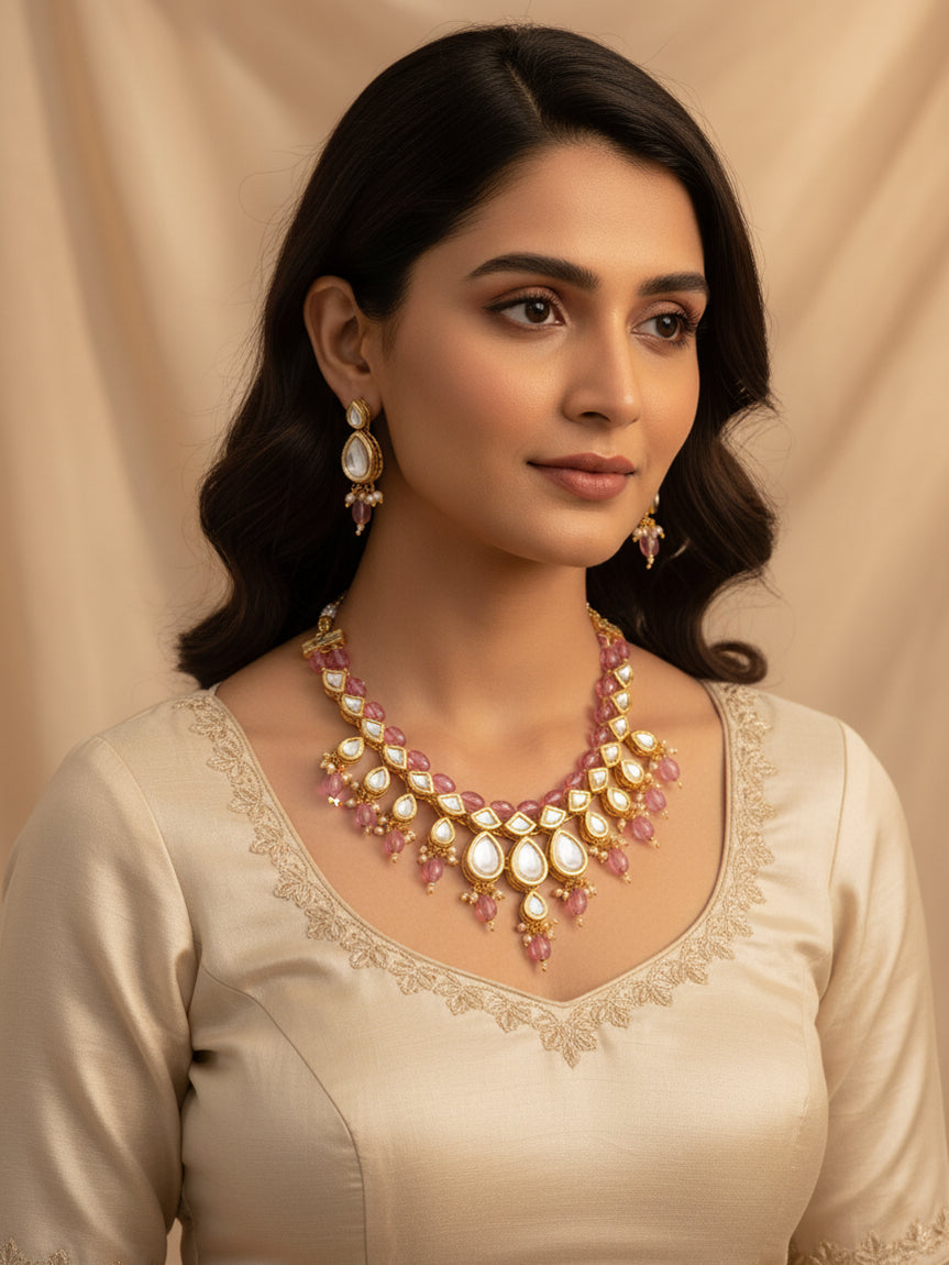 Gold Plated Kundan & Pink Crystal Drop Necklace Set