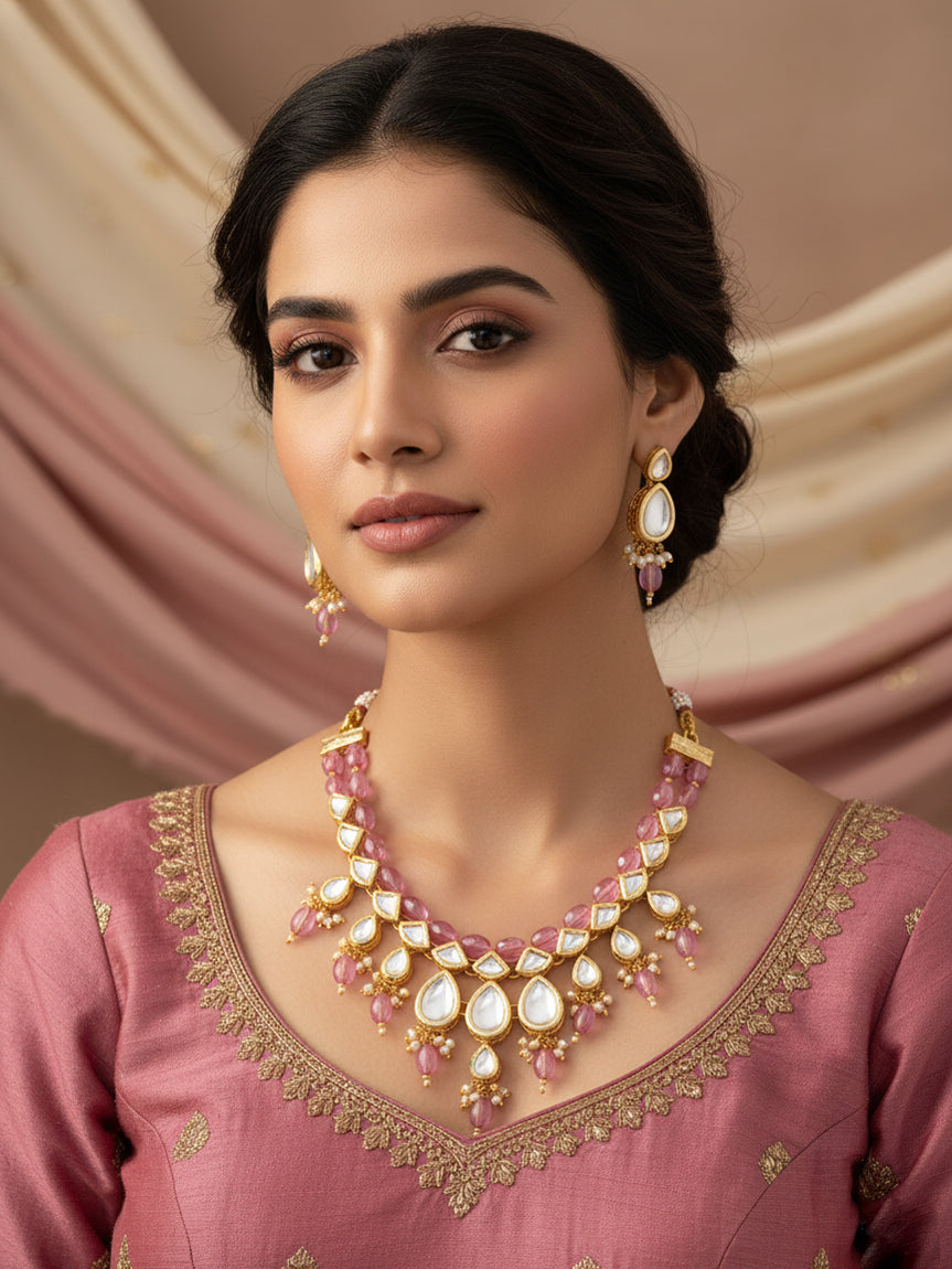 Aadita Gold Plated Kundan & Pink Crystal Drop Necklace Set