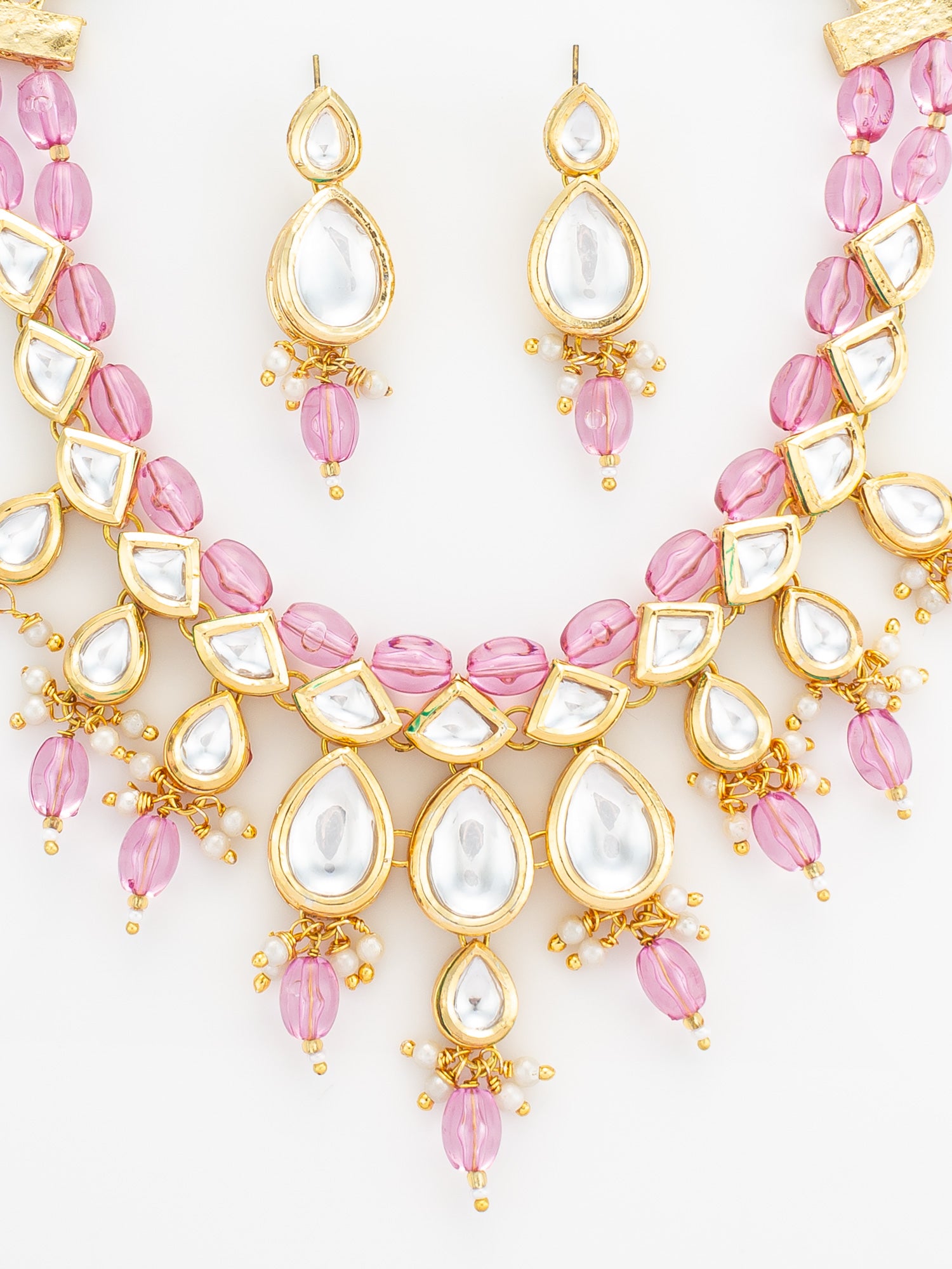Aadita Gold Plated Kundan & Pink Crystal Drop Necklace Set