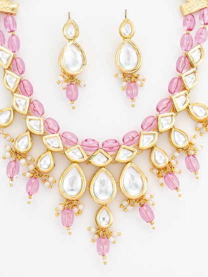 Aadita Gold Plated Kundan & Pink Crystal Drop Necklace Set