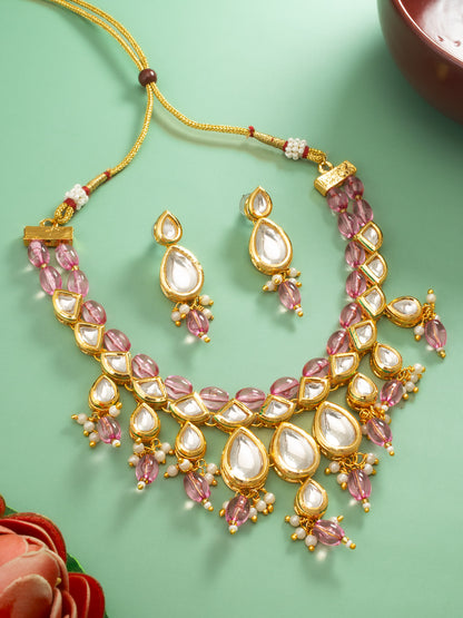 Aadita Gold Plated Kundan & Pink Crystal Drop Necklace Set