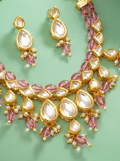 Aadita Gold Plated Kundan & Pink Crystal Drop Necklace Set