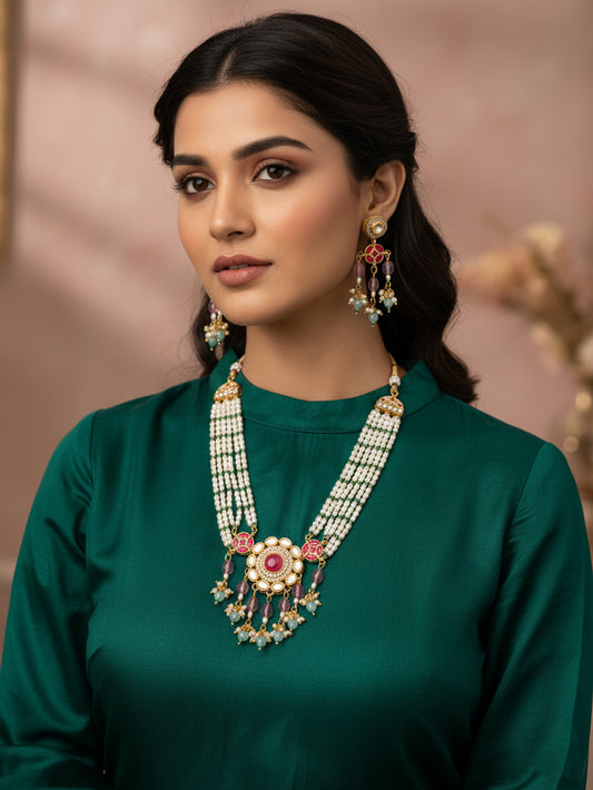 Aadita Gold Plated Multi-Strand Pearl and Pink Stone Rani Haar Set