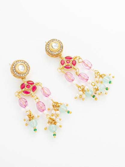 Aadita Gold Plated Multi-Strand Pearl and Pink Stone Rani Haar Set