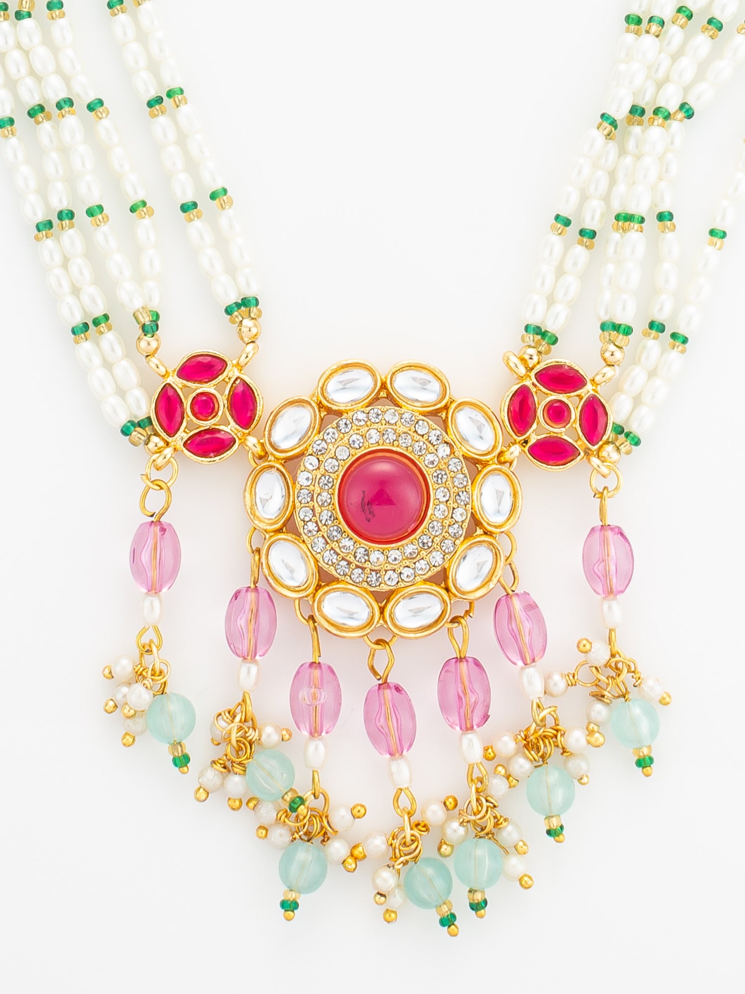 Aadita Gold Plated Multi-Strand Pearl and Pink Stone Rani Haar Set