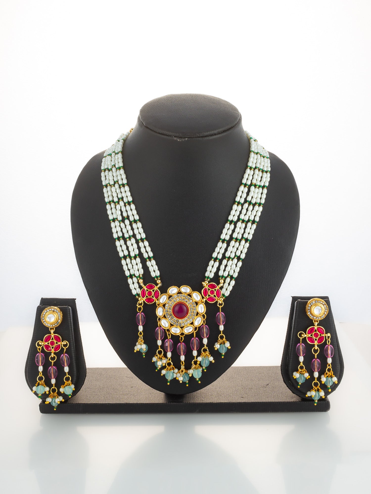 Aadita Gold Plated Multi-Strand Pearl and Pink Stone Rani Haar Set