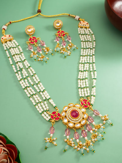Aadita Gold Plated Multi-Strand Pearl and Pink Stone Rani Haar Set