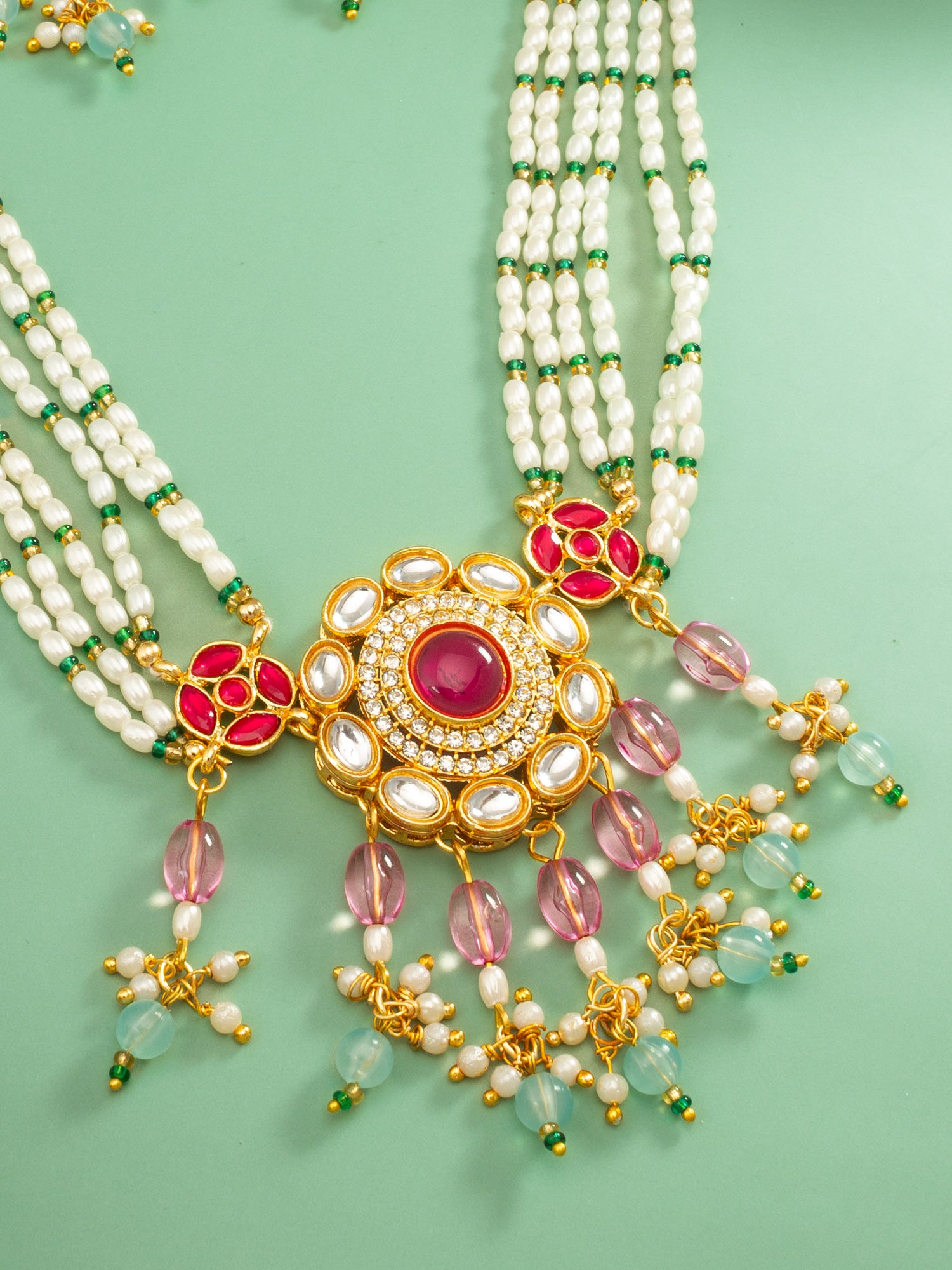Aadita Gold Plated Multi-Strand Pearl and Pink Stone Rani Haar Set