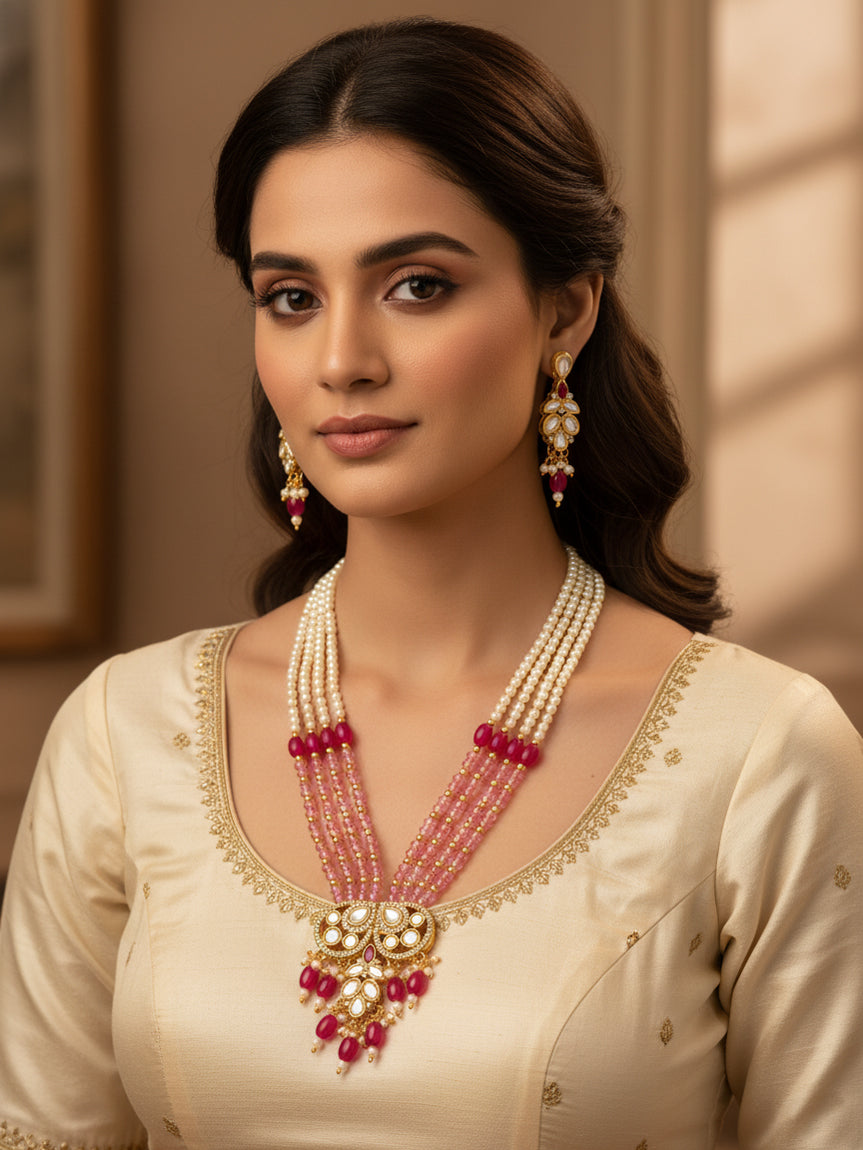 Aadita Gold Plated Pearl and Pink Crystal Bead Long Necklace Set