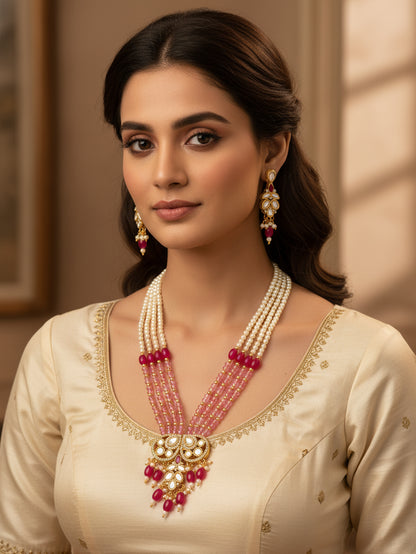 Aadita Gold Plated Pearl and Pink Crystal Bead Long Necklace Set