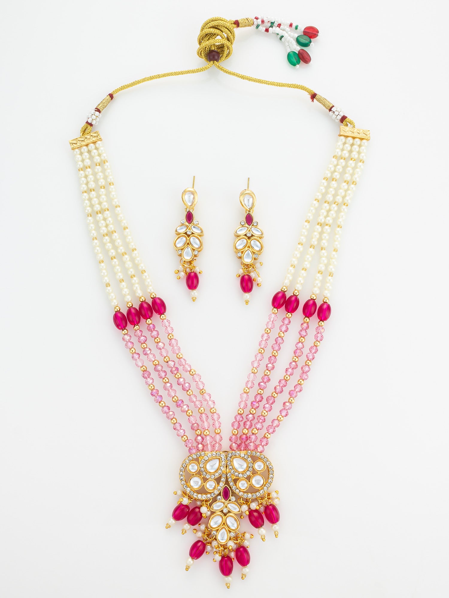 Aadita Gold Plated Pearl and Pink Crystal Bead Long Necklace Set
