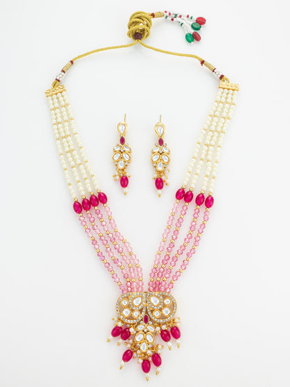 Aadita Gold Plated Pearl and Pink Crystal Bead Long Necklace Set