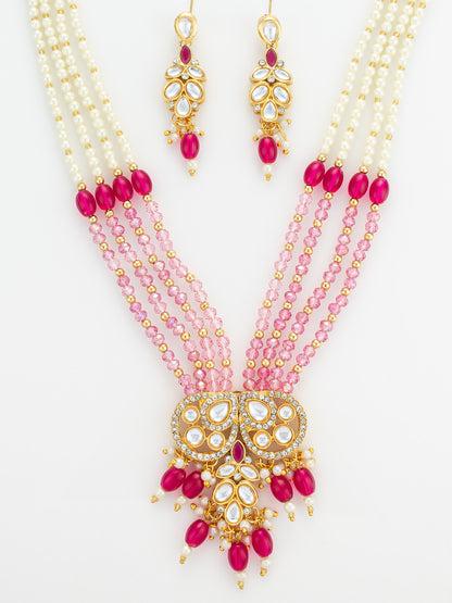 Aadita Gold Plated Pearl and Pink Crystal Bead Long Necklace Set