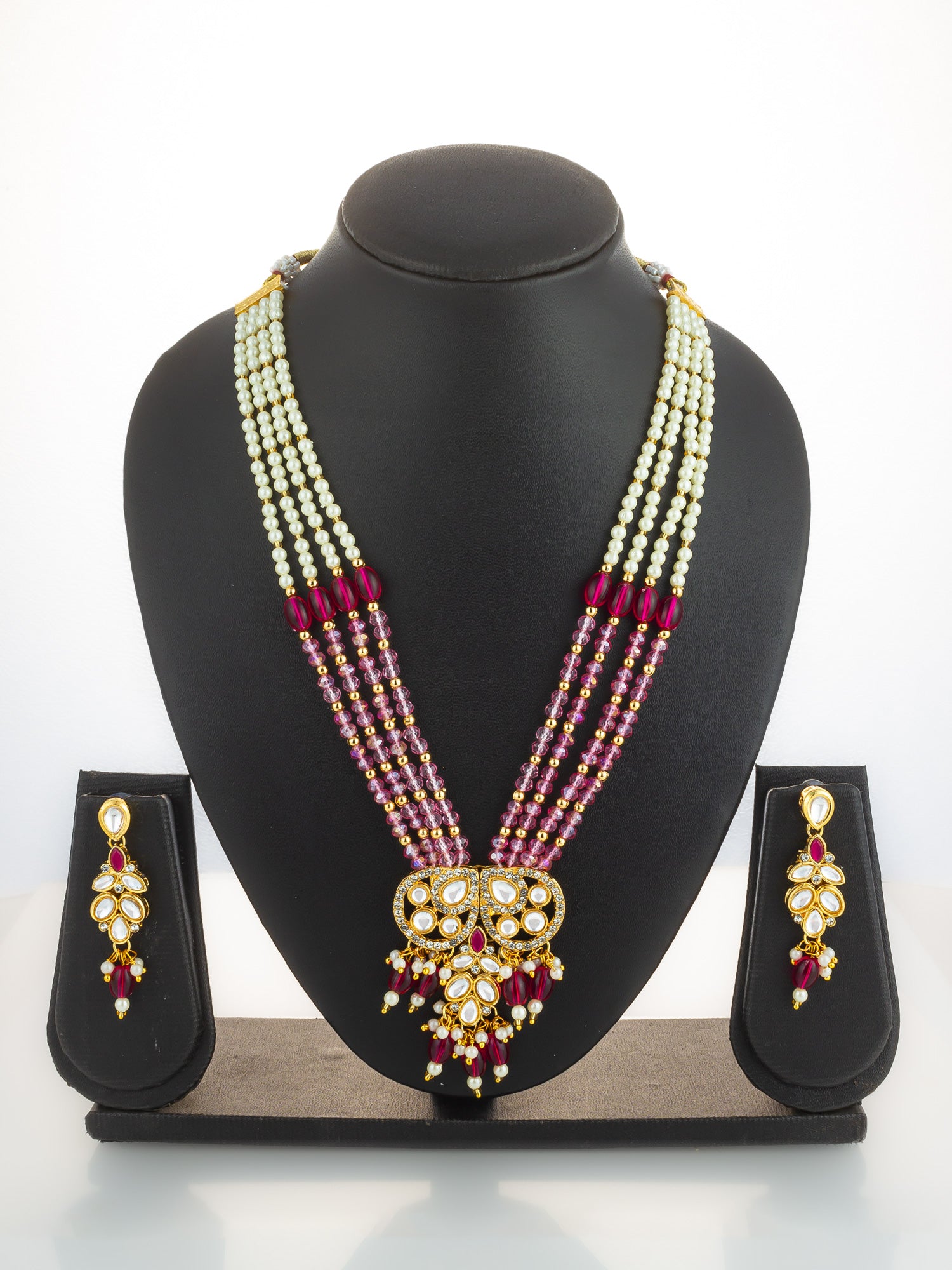 Aadita Gold Plated Pearl and Pink Crystal Bead Long Necklace Set