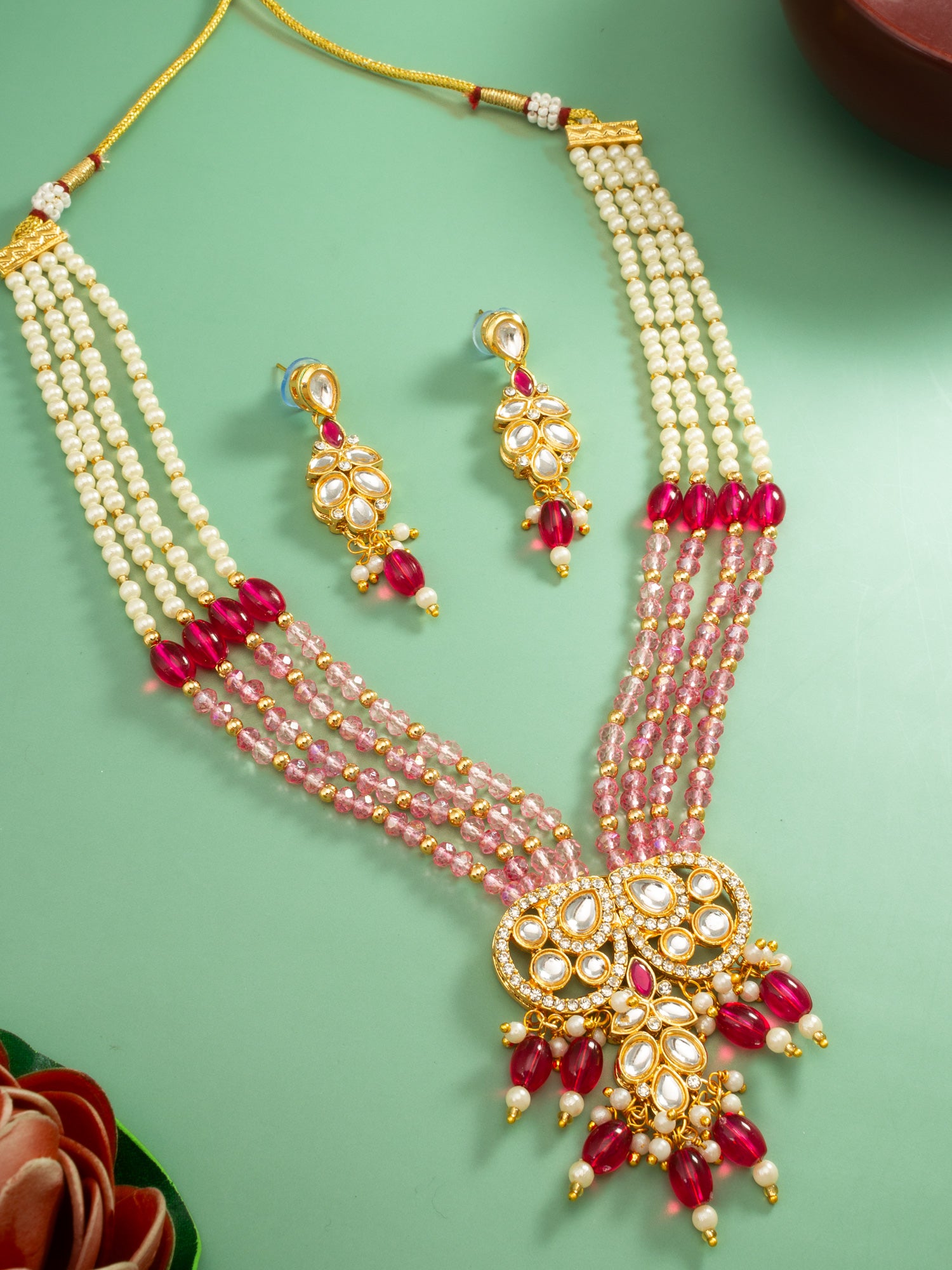 Aadita Gold Plated Pearl and Pink Crystal Bead Long Necklace Set