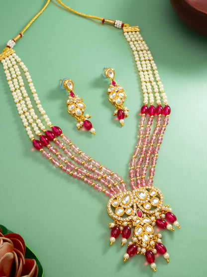 Aadita Gold Plated Pearl and Pink Crystal Bead Long Necklace Set