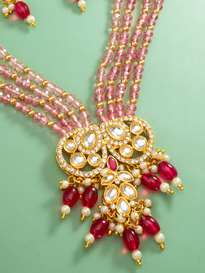 Aadita Gold Plated Pearl and Pink Crystal Bead Long Necklace Set