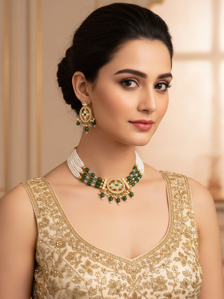 Aadita Gold Plated Green Beaded Choker Necklace Set