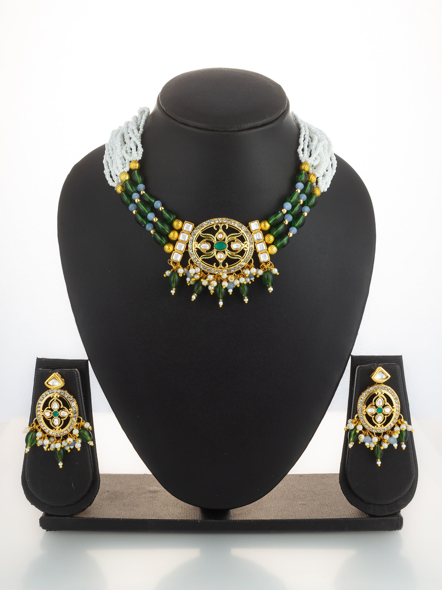 Aadita Gold Plated Green Beaded Choker Necklace Set