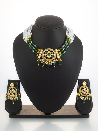 Aadita Gold Plated Green Beaded Choker Necklace Set
