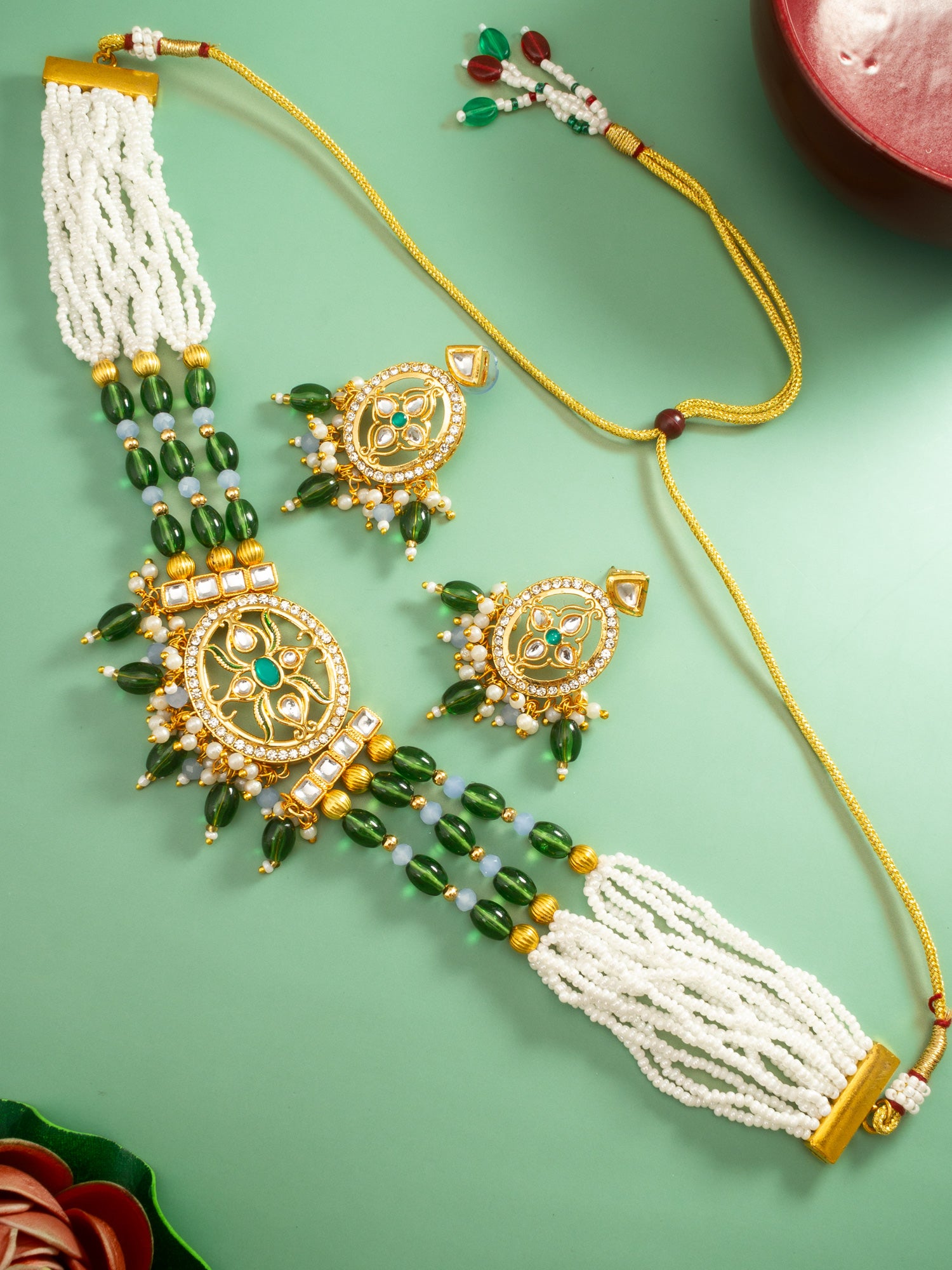 Aadita Gold Plated Green Beaded Choker Necklace Set