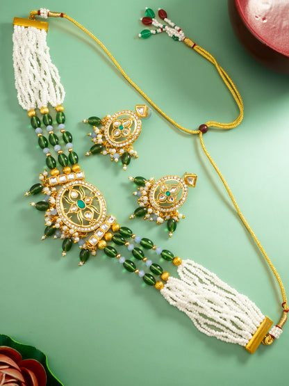 Aadita Gold Plated Green Beaded Choker Necklace Set
