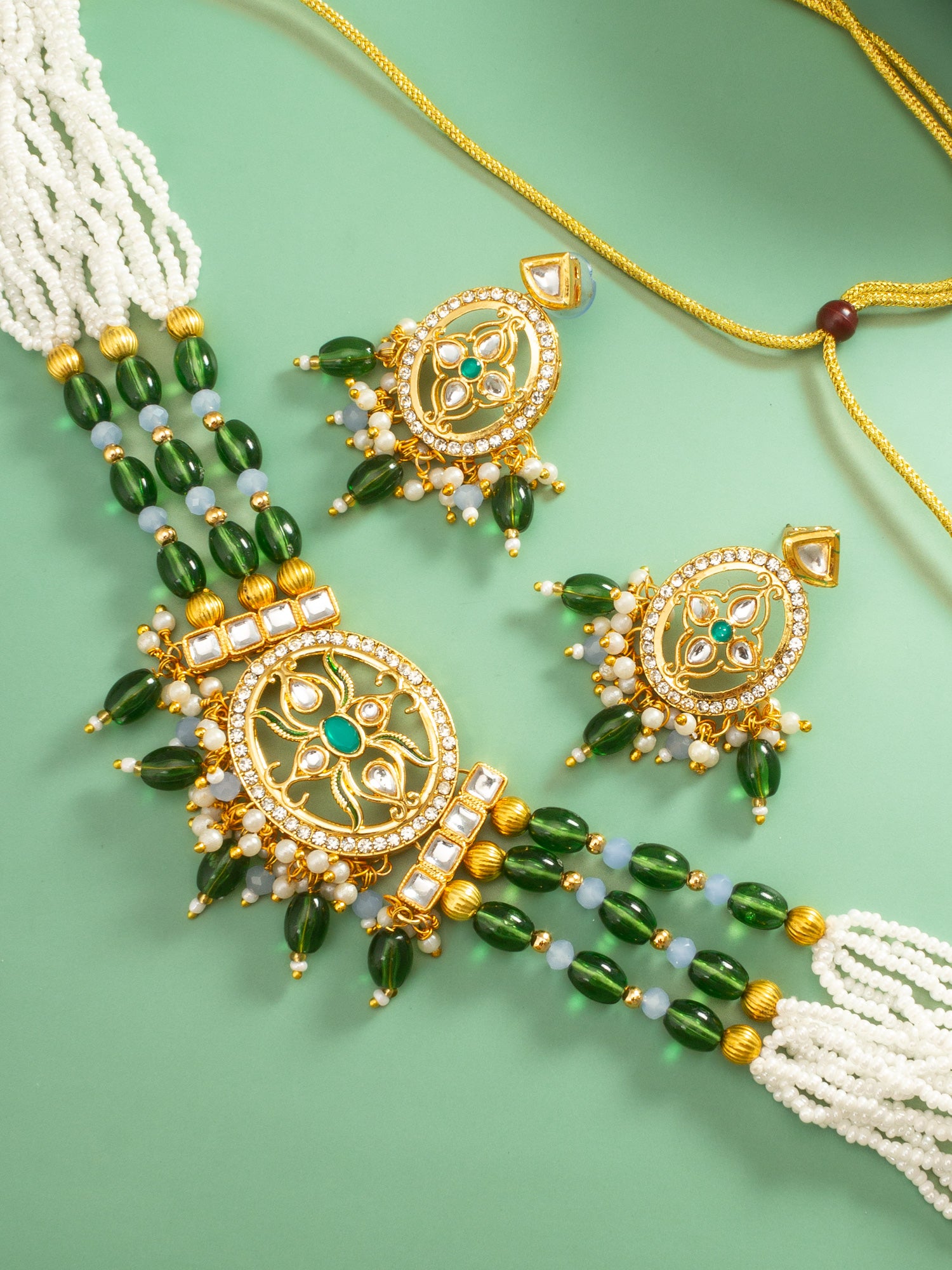 Aadita Gold Plated Green Beaded Choker Necklace Set