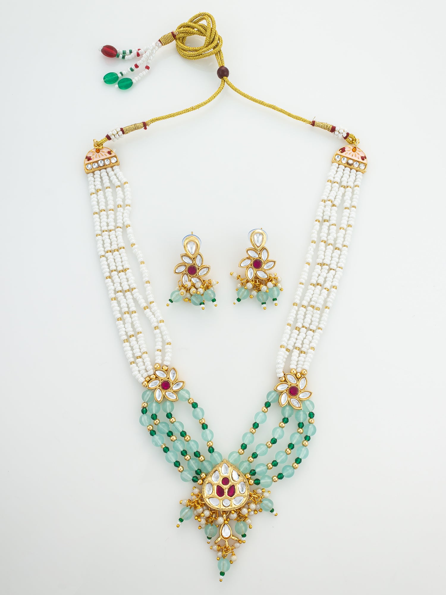 Aadita Gold Plated Multi Strand Pearl and Kundan Necklace Set with Mint Green Beads