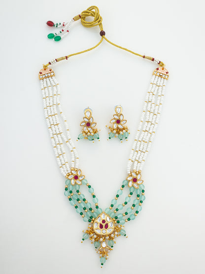Aadita Gold Plated Multi Strand Pearl and Kundan Necklace Set with Mint Green Beads