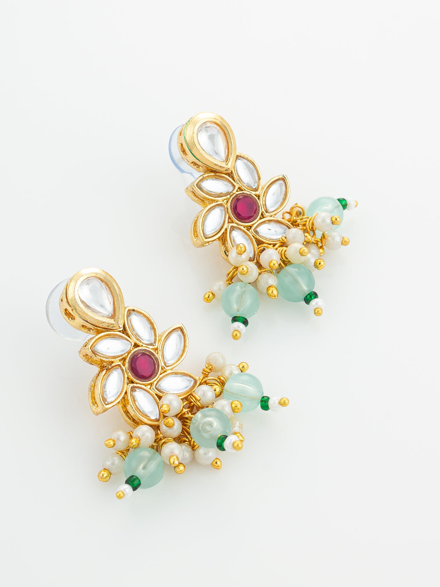 Aadita Gold Plated Multi Strand Pearl and Kundan Necklace Set with Mint Green Beads