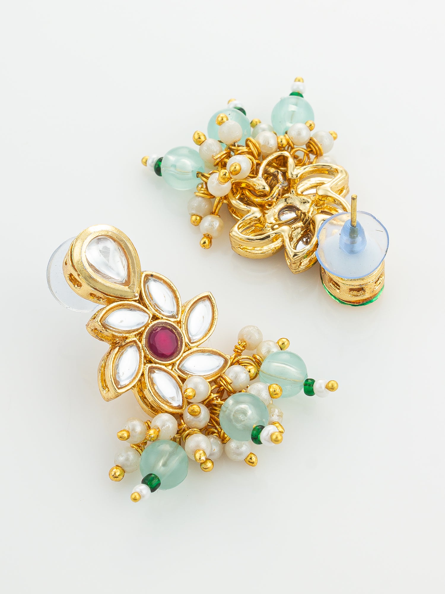 Aadita Gold Plated Multi Strand Pearl and Kundan Necklace Set with Mint Green Beads