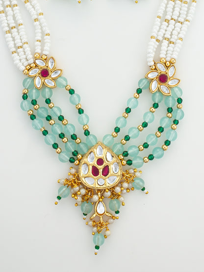 Aadita Gold Plated Multi Strand Pearl and Kundan Necklace Set with Mint Green Beads