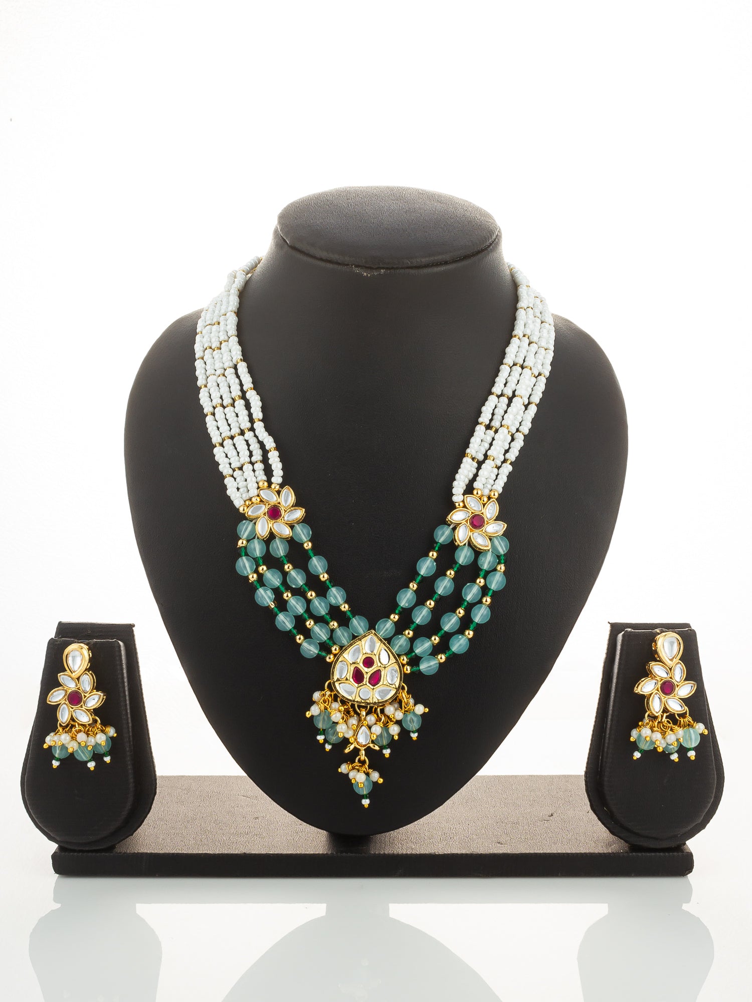Aadita Gold Plated Multi Strand Pearl and Kundan Necklace Set with Mint Green Beads