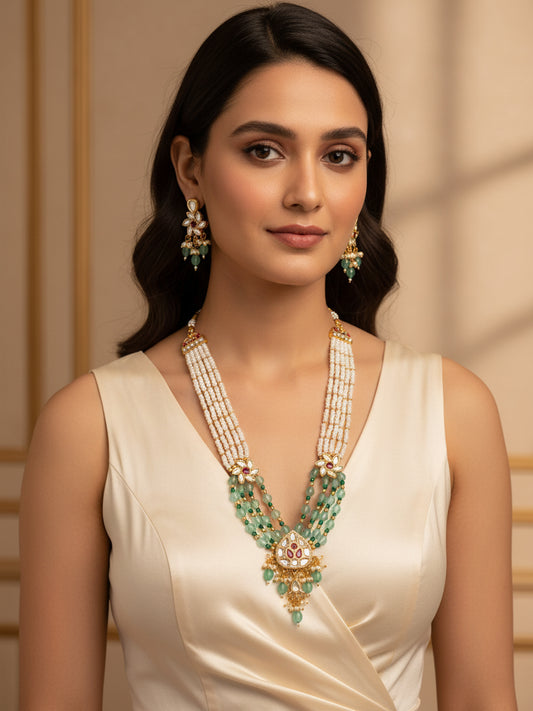 Aadita Gold Plated Multi Strand Pearl and Kundan Necklace Set with Mint Green Beads