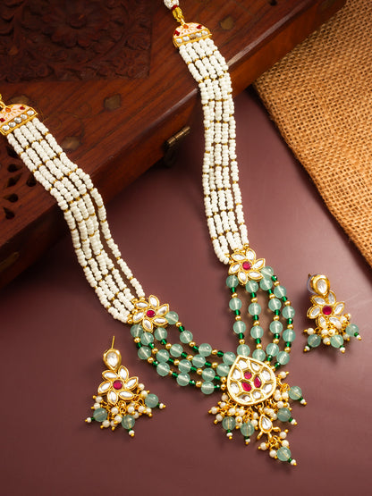 Aadita Gold Plated Multi Strand Pearl and Kundan Necklace Set with Mint Green Beads