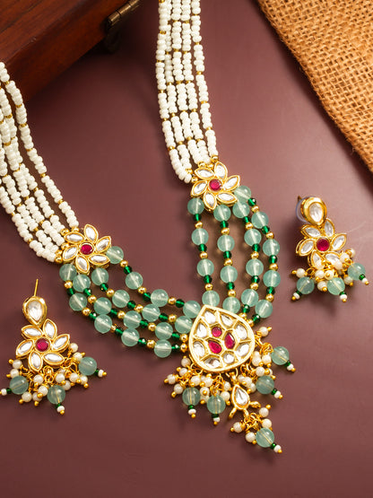Aadita Gold Plated Multi Strand Pearl and Kundan Necklace Set with Mint Green Beads
