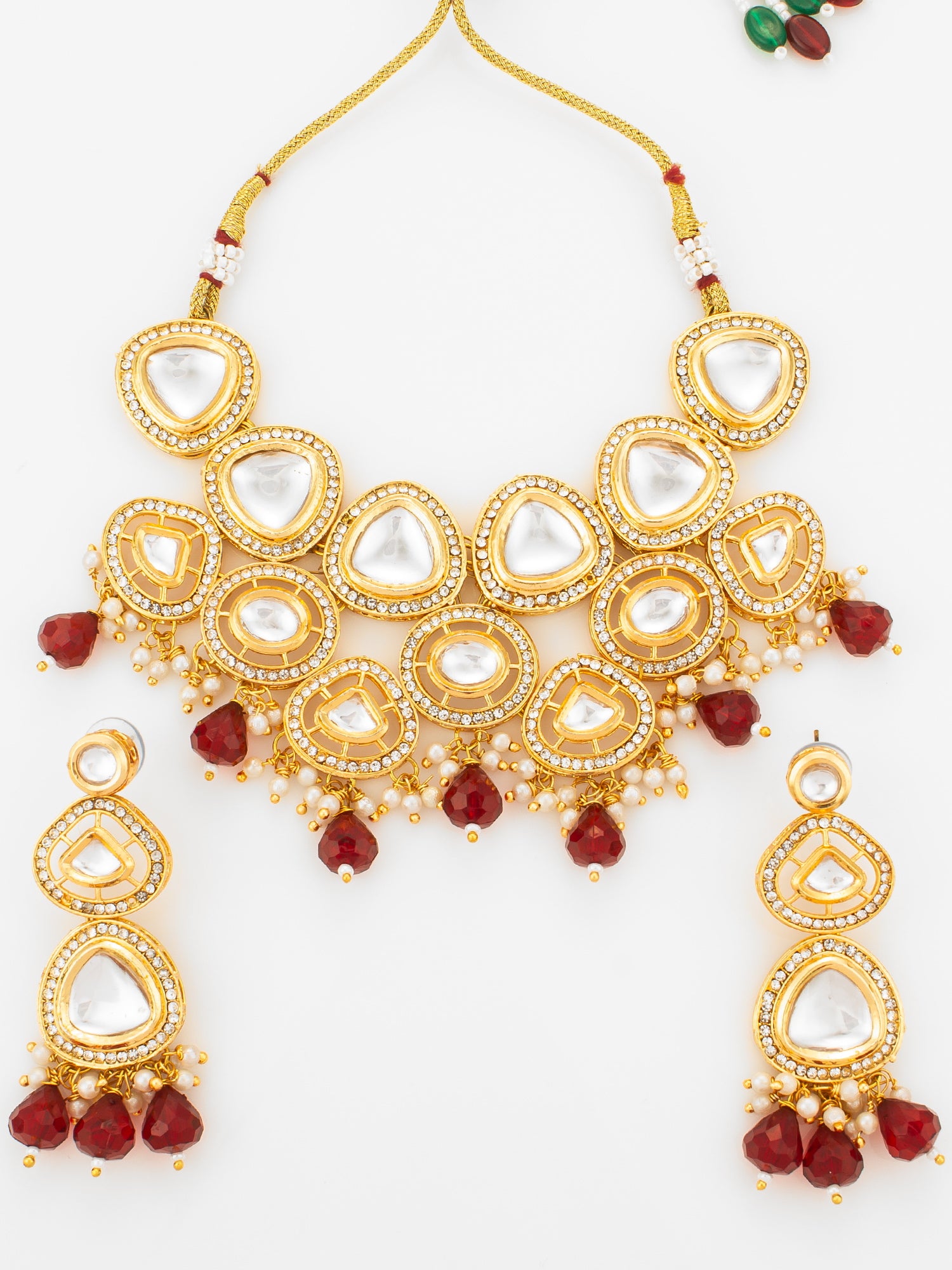 Aadita Gold Plated Kundan Studded Choker Necklace Set with Red Bead Drops