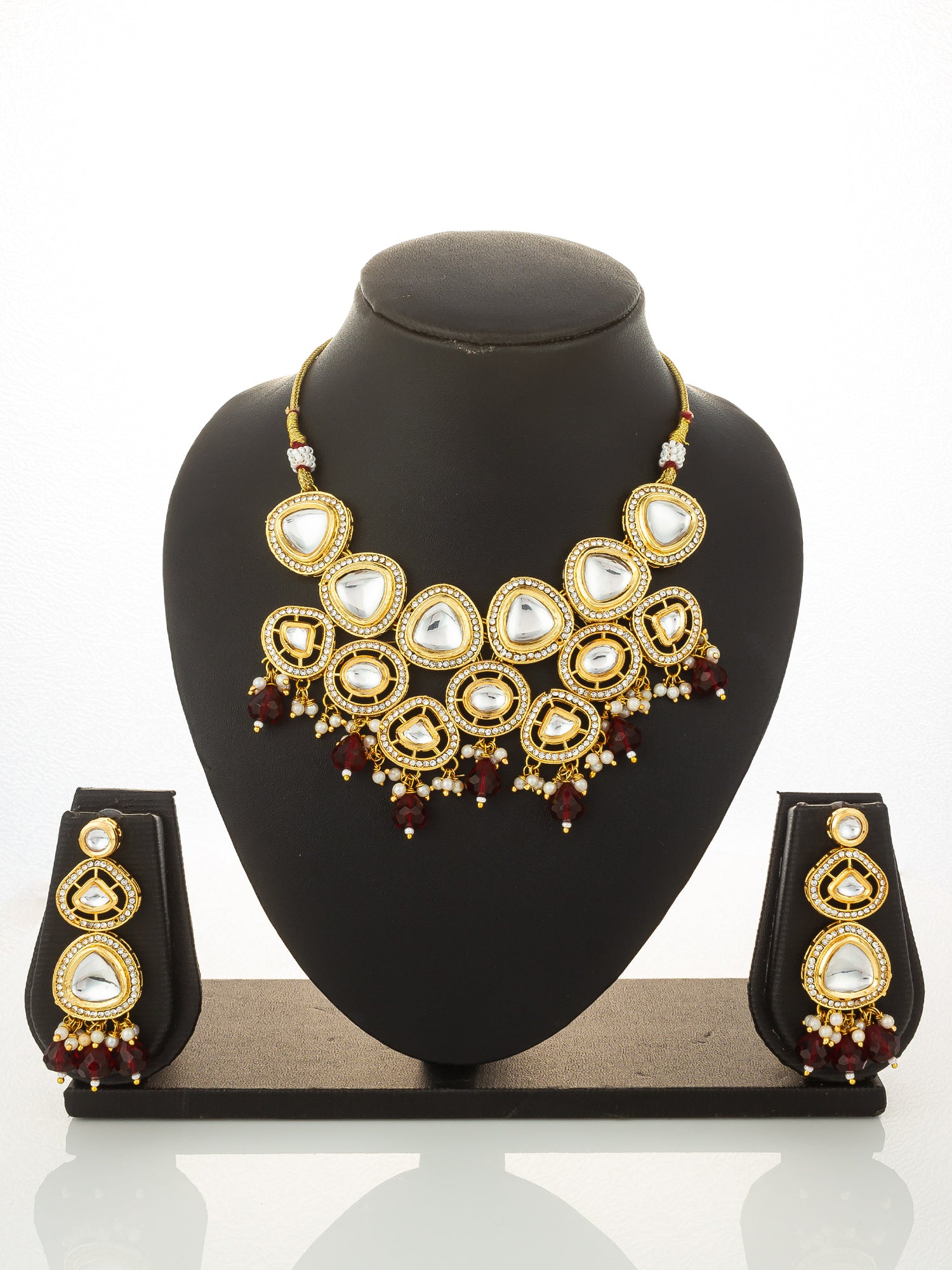 Aadita Gold Plated Kundan Studded Choker Necklace Set with Red Bead Drops