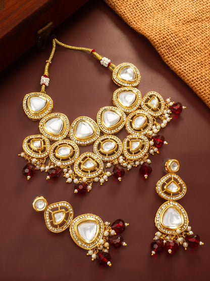 Aadita Gold Plated Kundan Studded Choker Necklace Set with Red Bead Drops