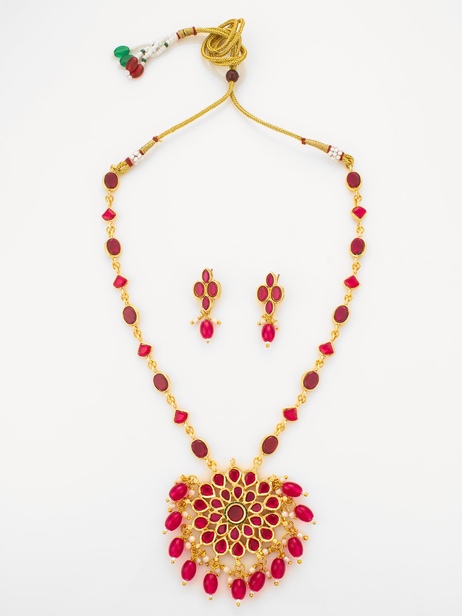 Aadita Gold Plated Ruby Red Floral Pendant Necklace Set